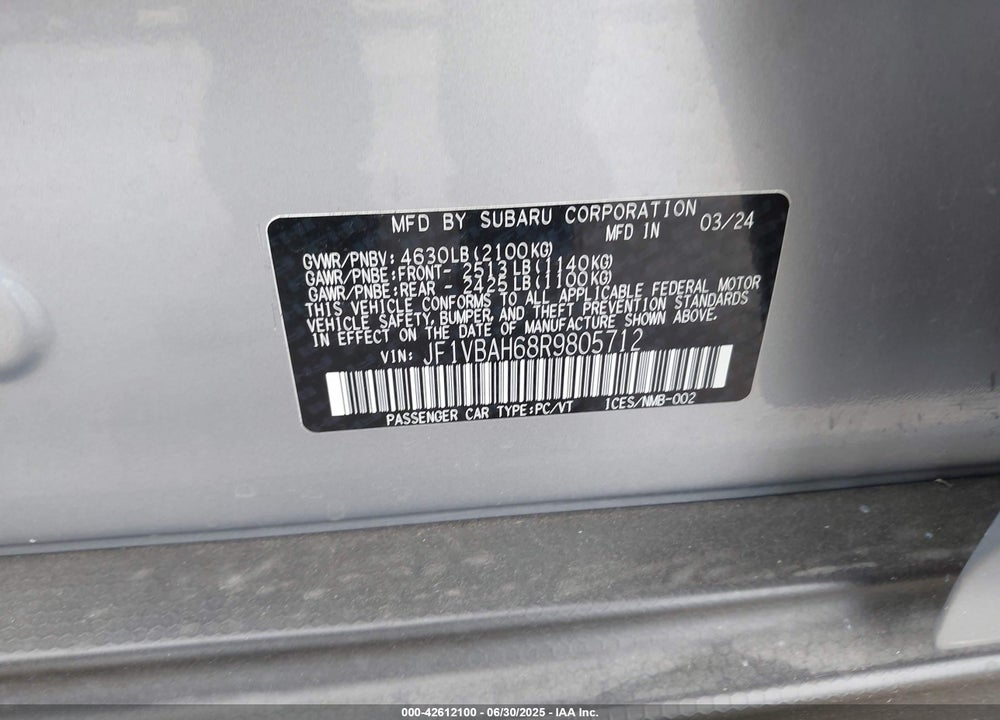 2024 SUBARU WRX VIN: JF1VBAH68R9805712