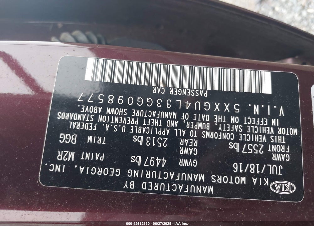 2016 KIA OPTIMA VIN: 5XXGU4L33GG098577