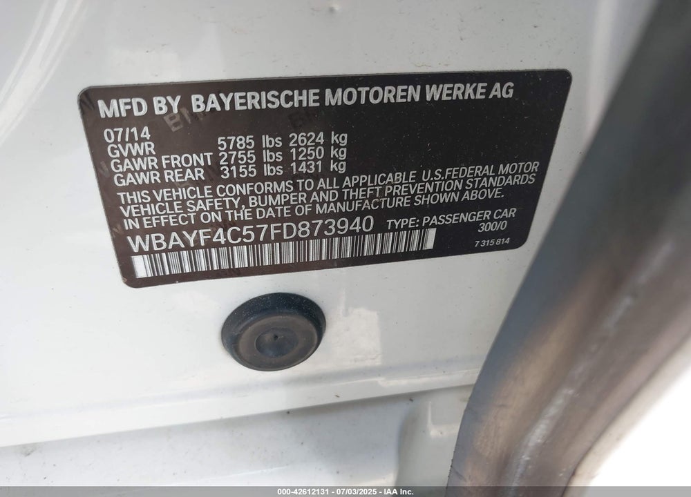 2015 BMW 7 SERIES VIN: WBAYF4C57FD873940