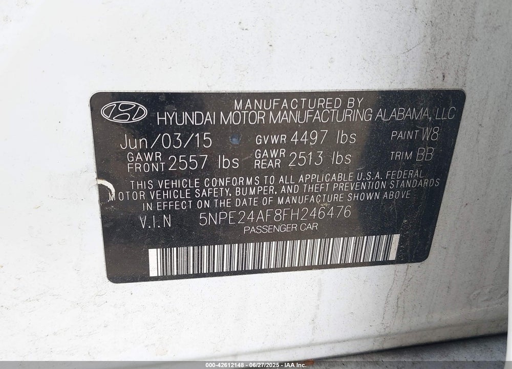 2015 HYUNDAI SONATA VIN: 5NPE24AF8FH246476