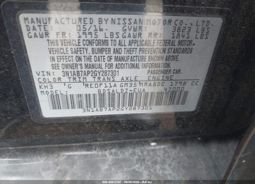 2016 NISSAN SENTRA SV VIN: 3N1AB7AP2GY287301