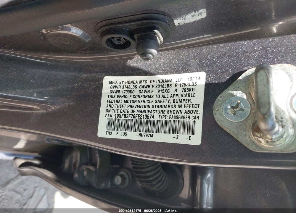2015 HONDA CIVIC SE VIN: 19XFB2F76FE210574
