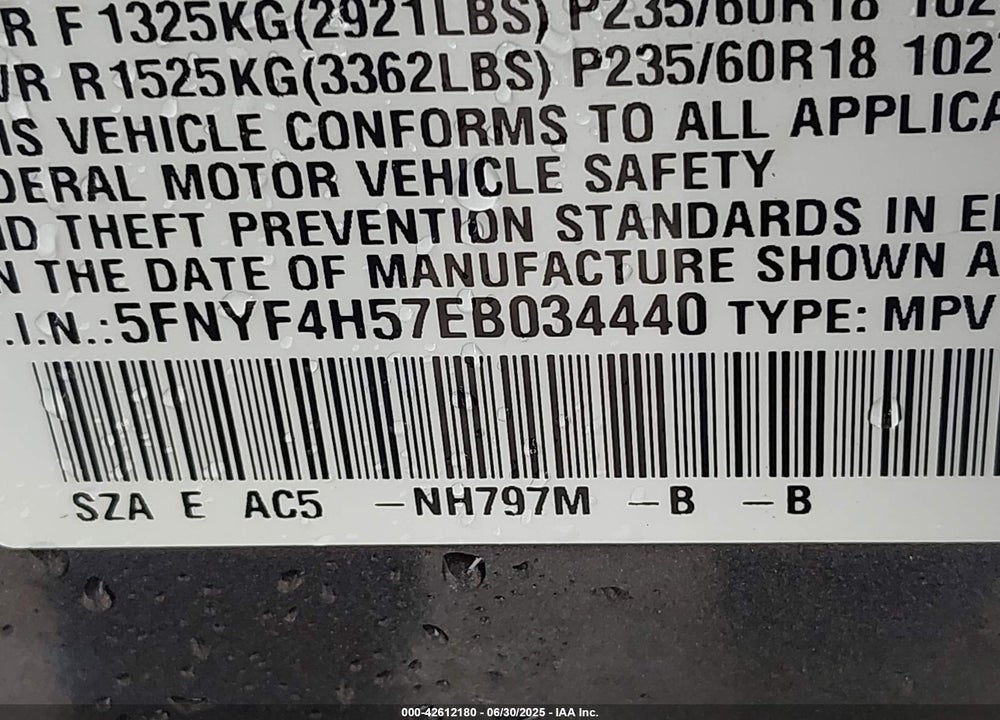 2014 HONDA PILOT VIN: 5FNYF4H57EB034440
