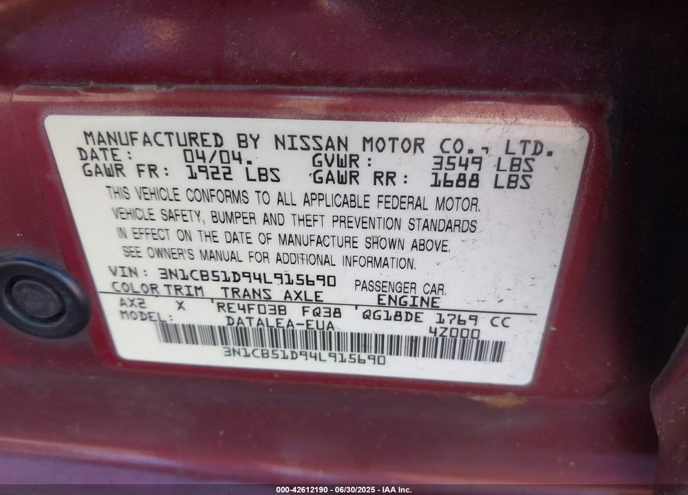 2004 NISSAN SENTRA VIN: 3N1CB51D94L915690