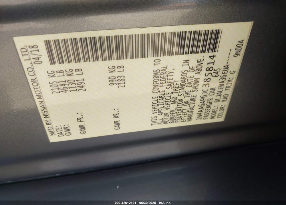 2018 NISSAN MAXIMA VIN: 1N4AA6AP6JC385814