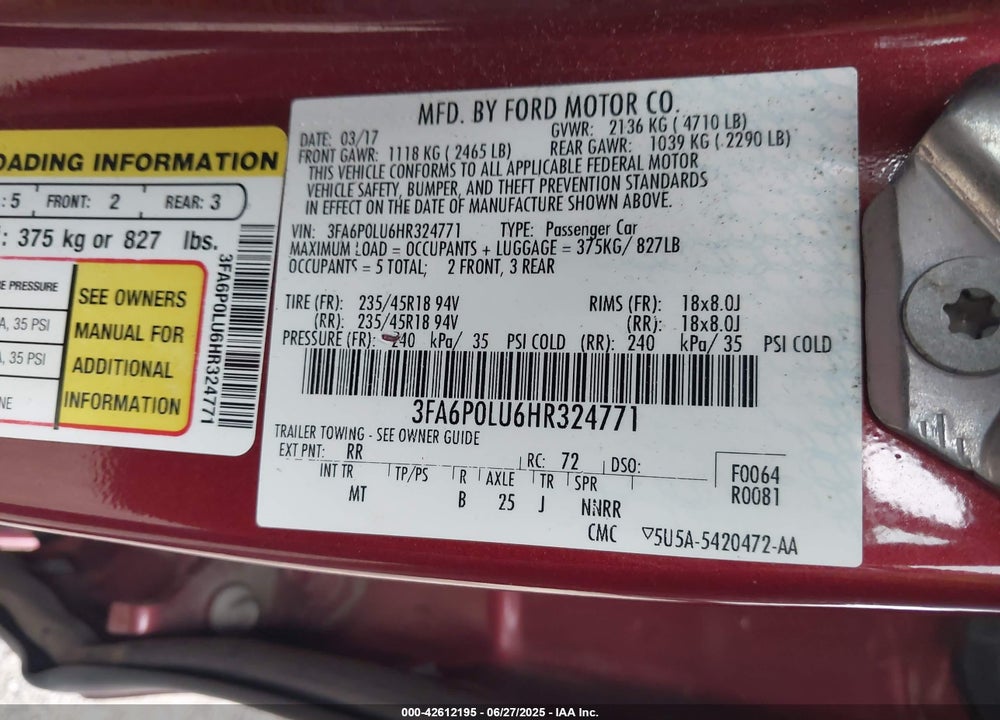 2017 FORD FUSION HYBRID SE VIN: 3FA6P0LU6HR324771