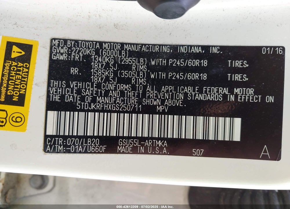 2016 TOYOTA HIGHLANDER VIN: 5TDJKRFHXGS250711