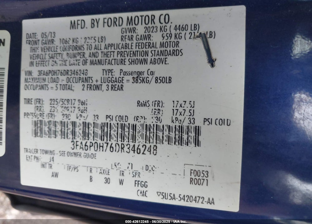 2013 FORD FUSION SE VIN: 3FA6P0H76DR346248
