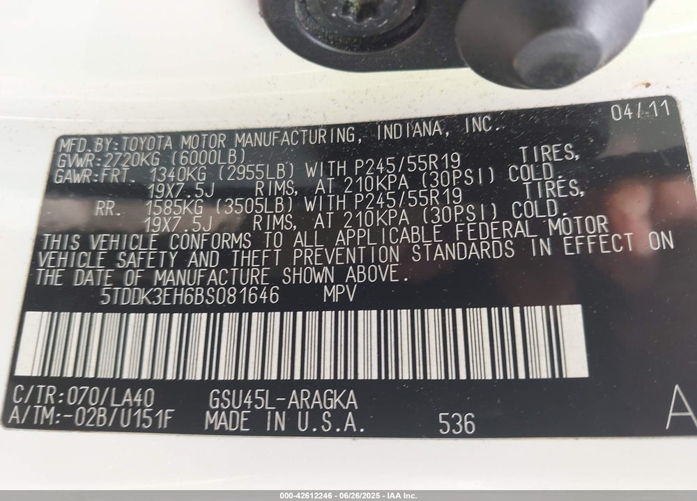 2011 TOYOTA HIGHLANDER VIN: 5TDDK3EH6BS081646