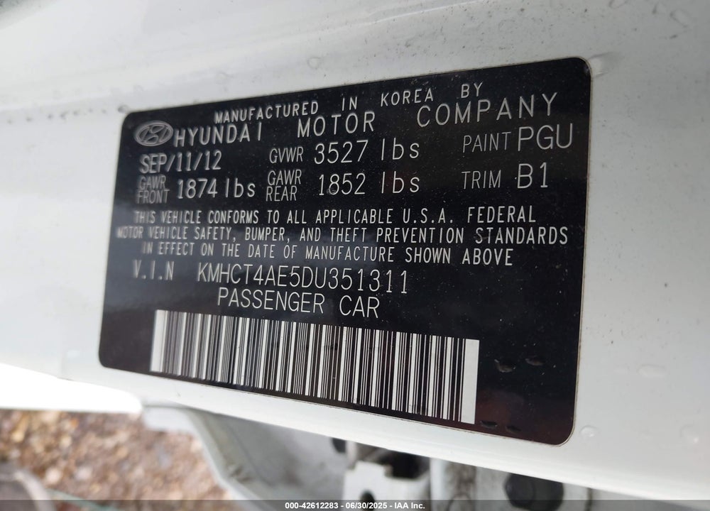 2013 HYUNDAI ACCENT VIN: KMHCT4AE5DU351311