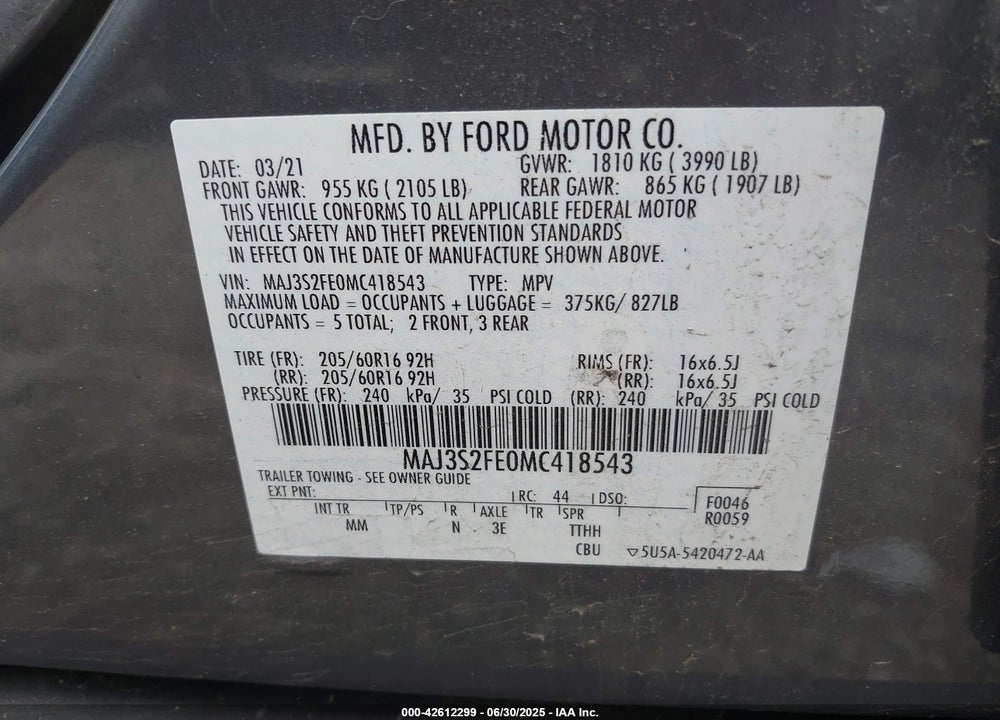 2021 FORD ECOSPORT VIN: MAJ3S2FE0MC418543