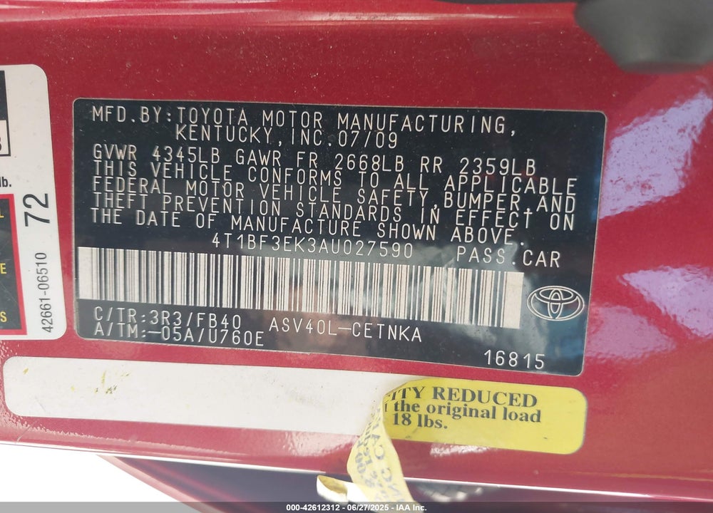 2010 TOYOTA CAMRY VIN: 4T1BF3EK3AU027590