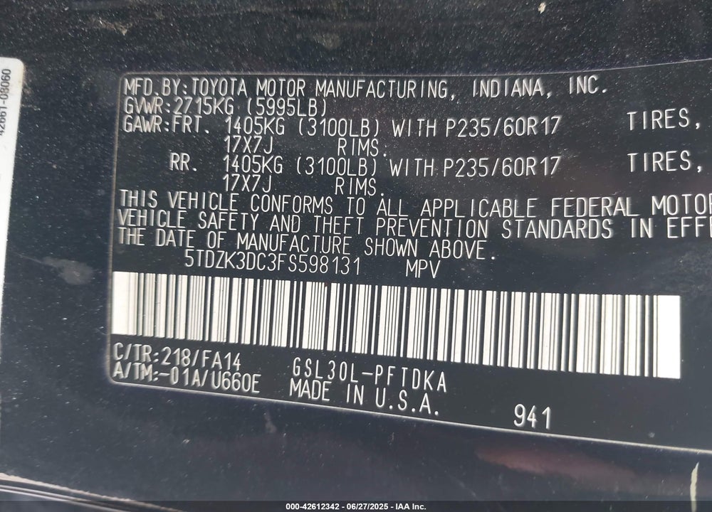 2015 TOYOTA SIENNA L 7 PASSENGER VIN: 5TDZK3DC3FS598131