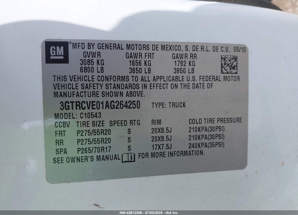 2010 GMC SIERRA 1500 VIN: 3GTRCVE01AG264250