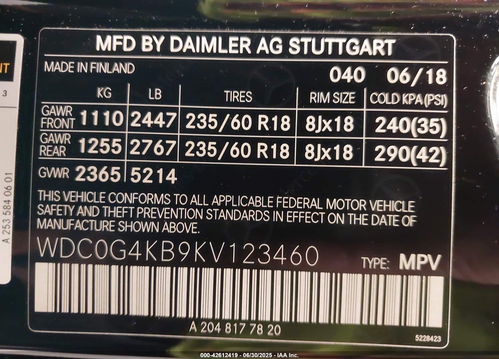 2019 MERCEDES-BENZ GLC CLASS VIN: WDC0G4KB9KV123460