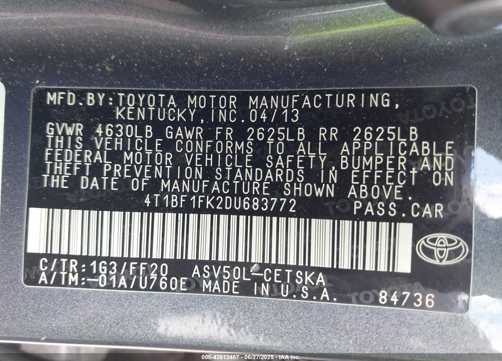 2013 TOYOTA CAMRY SE VIN: 4T1BF1FK2DU683772