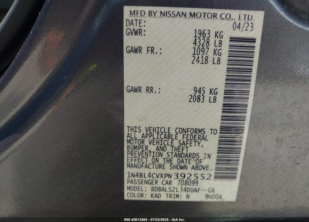 2023 NISSAN ALTIMA VIN: 1N4BL4CVXPN392552