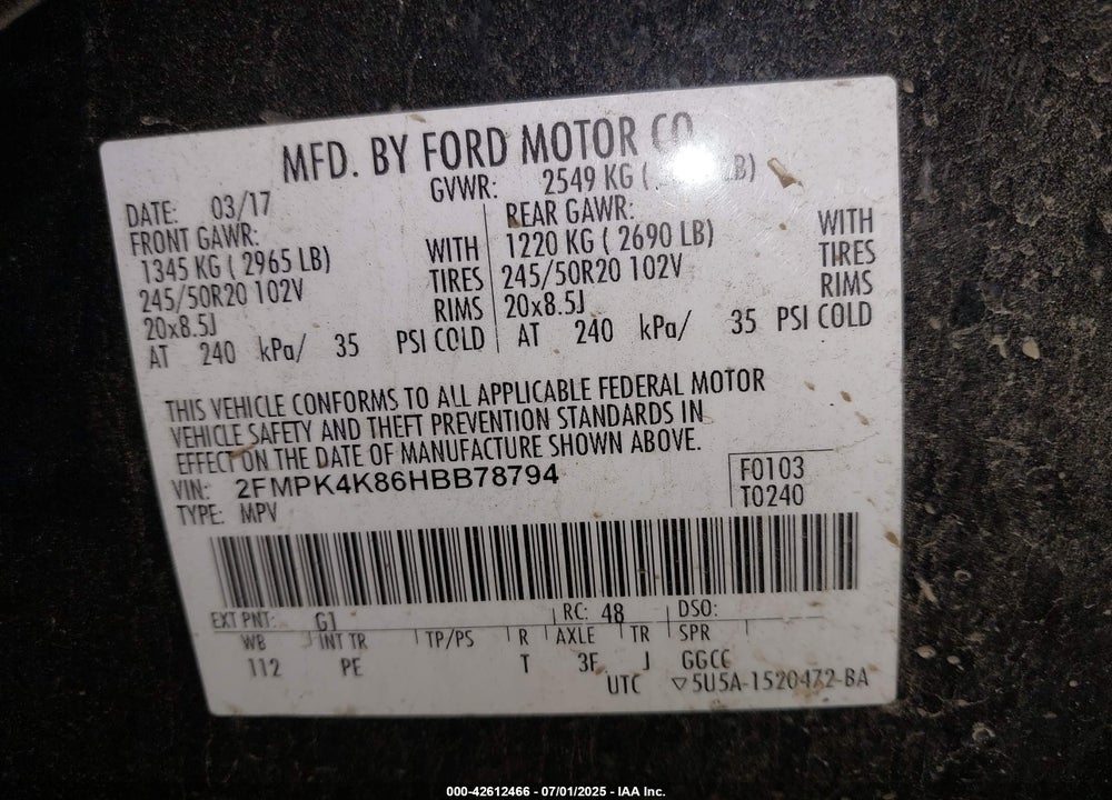 2017 FORD EDGE VIN: 2FMPK4K86HBB78794