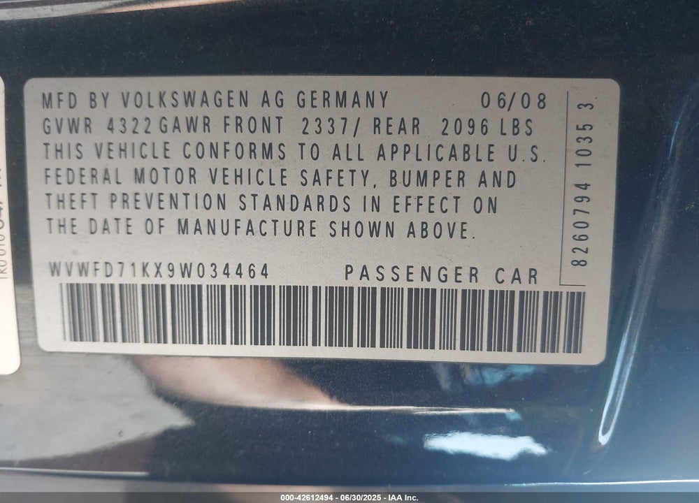 2009 VOLKSWAGEN GTI VIN: WVWFD71KX9W034464