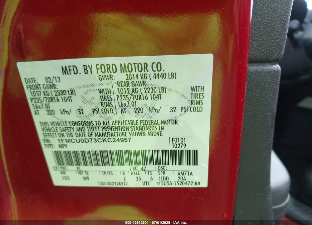 2012 FORD ESCAPE VIN: 1FMCU0D73CKC24957
