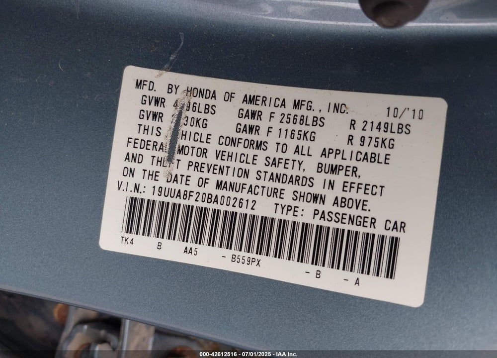 2011 ACURA TL VIN: 19UUA8F20BA002612