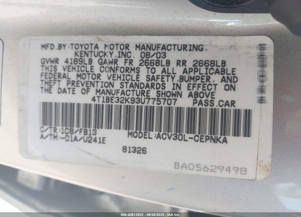 2003 TOYOTA CAMRY LE VIN: 4T1BE32K93U775707