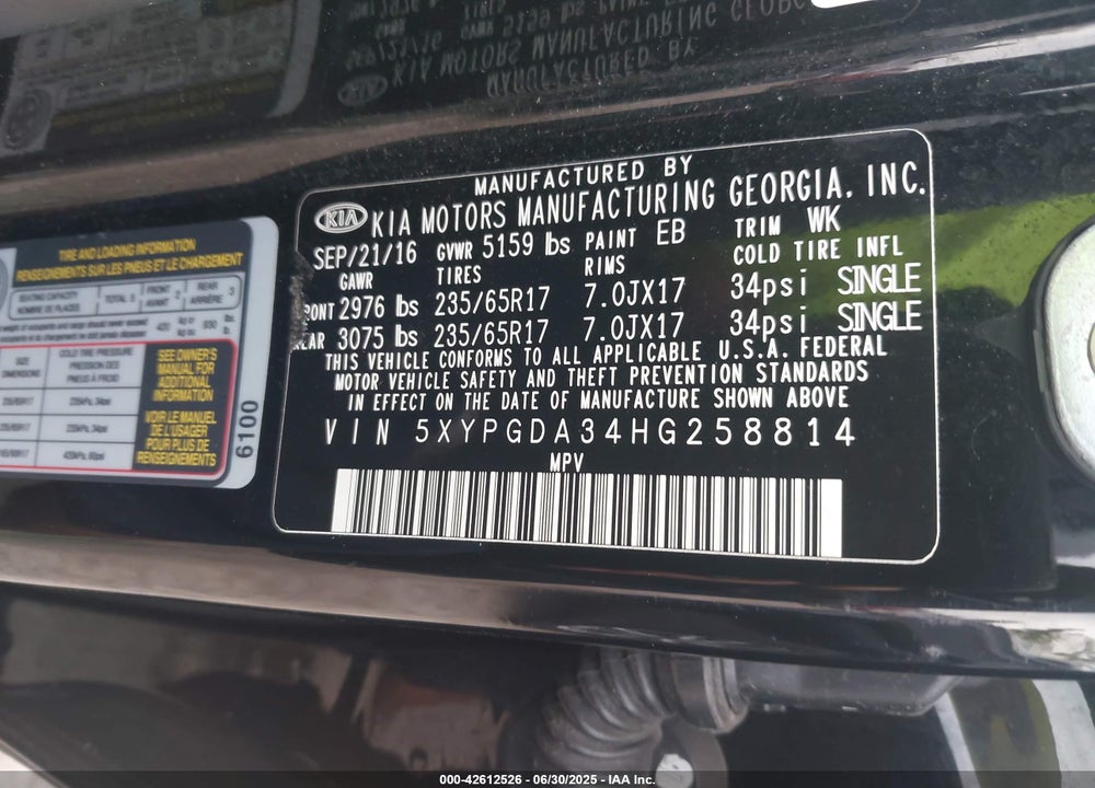 2017 KIA SORENTO VIN: 5XYPGDA34HG258814