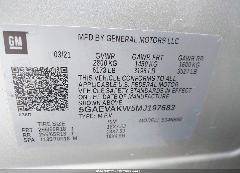2021 BUICK ENCLAVE VIN: 5GAEVAKW5MJ197683