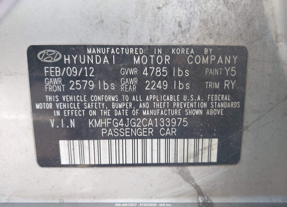 2012 HYUNDAI AZERA VIN: KMHFG4JG2CA133975