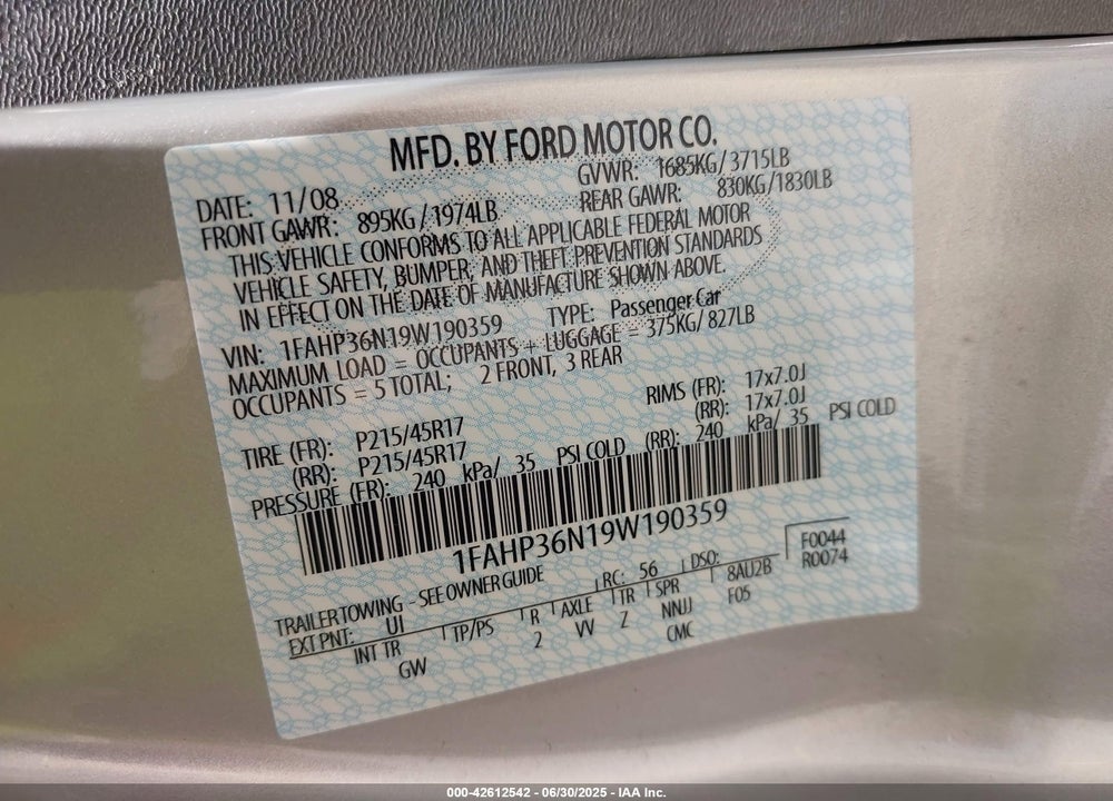 2009 FORD FOCUS VIN: 1FAHP36N19W190359