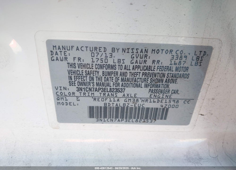 2014 NISSAN VERSA 1.6 SV VIN: 3N1CN7AP3EL823537