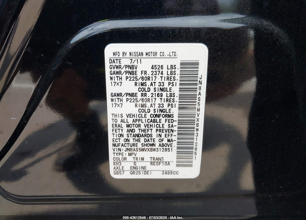 2011 NISSAN ROGUE VIN: JN8AS5MVXBW312851
