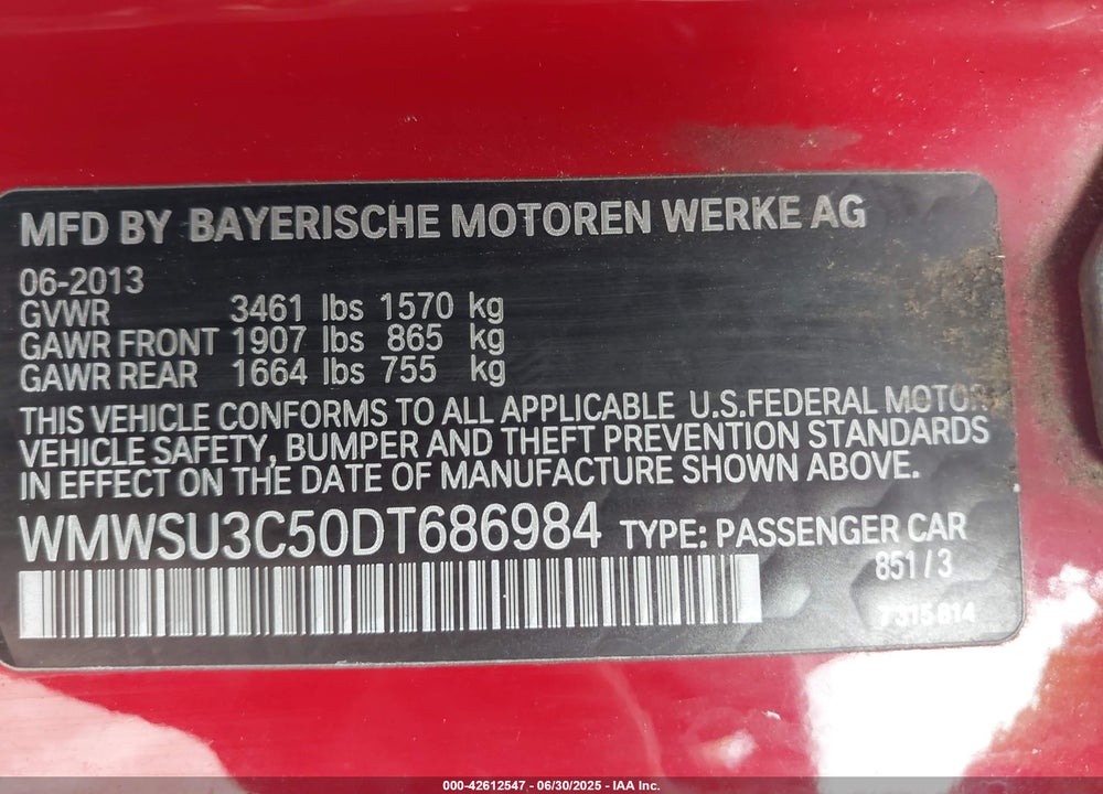 2013 MINI HARDTOP VIN: WMWSU3C50DT686984