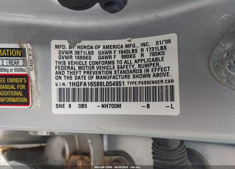 2008 HONDA CIVIC VIN: 1HGFA16588L054951
