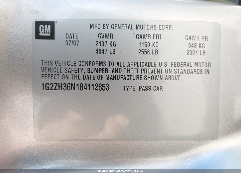 2008 PONTIAC G6 GT VIN: 1G2ZH36N184112853