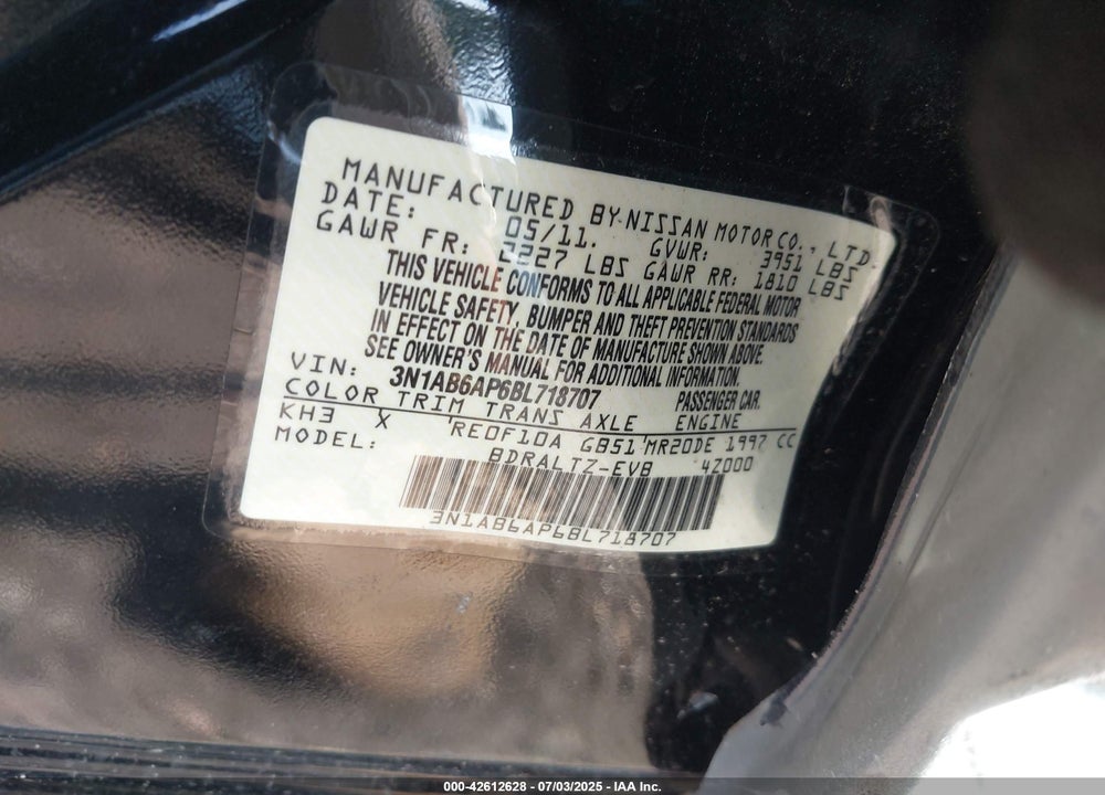 2011 NISSAN SENTRA VIN: 3N1AB6AP6BL718707