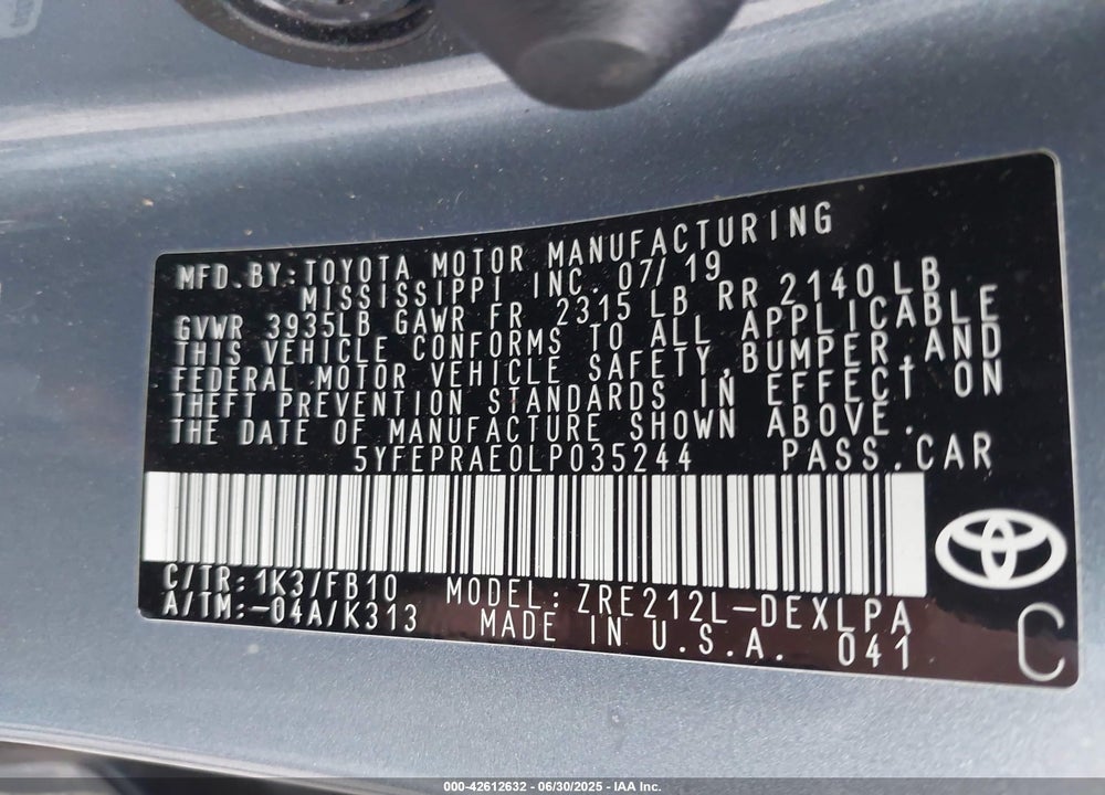 2020 TOYOTA COROLLA VIN: 5YFEPRAE0LP035244