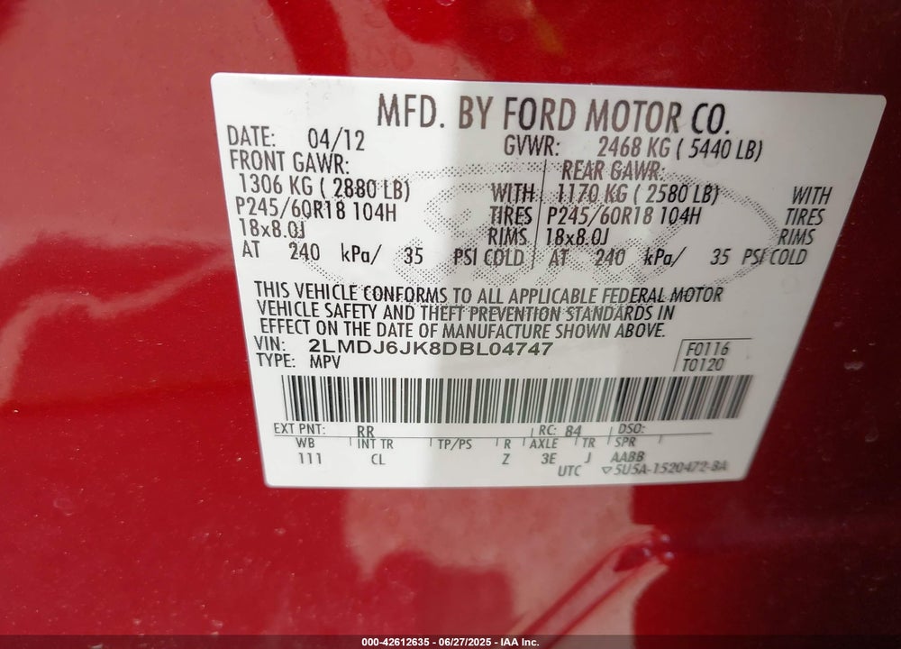 2013 LINCOLN MKX VIN: 2LMDJ6JK8DBL04747