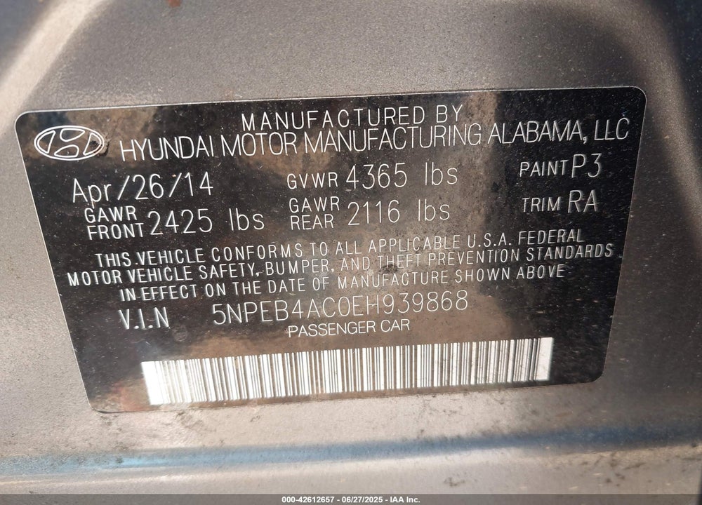 2014 HYUNDAI SONATA VIN: 5NPEB4AC0EH939868