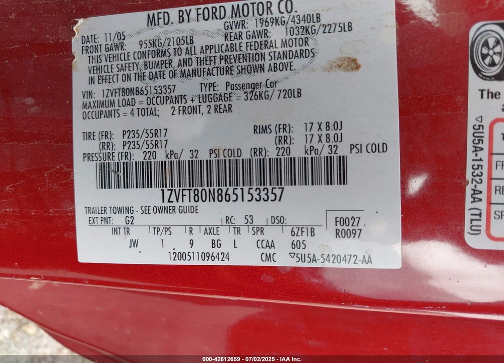 2006 FORD MUSTANG VIN: 1ZVFT80N865153357