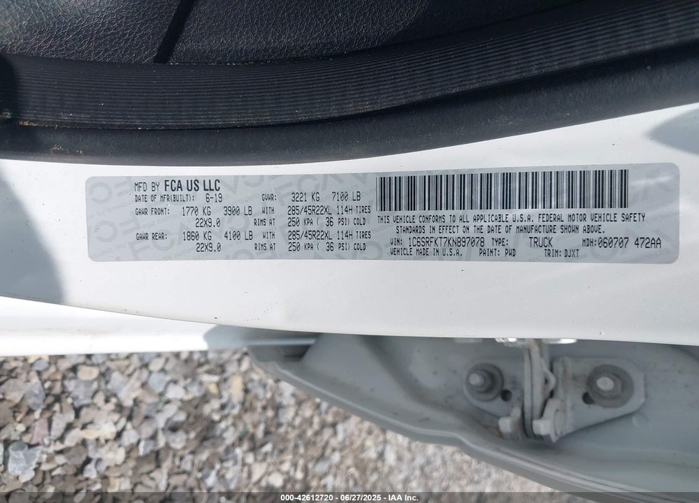 2019 RAM 1500 VIN: 1C6SRFKT7KN897078