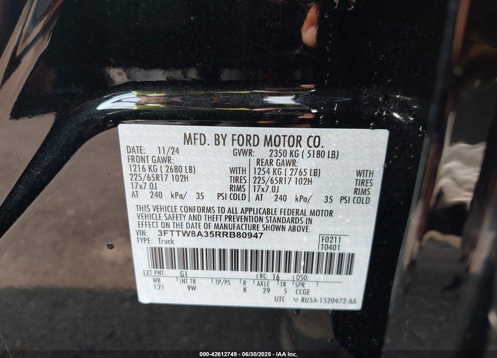 2024 FORD MAVERICK VIN: 3FTTW8A35RRB80947