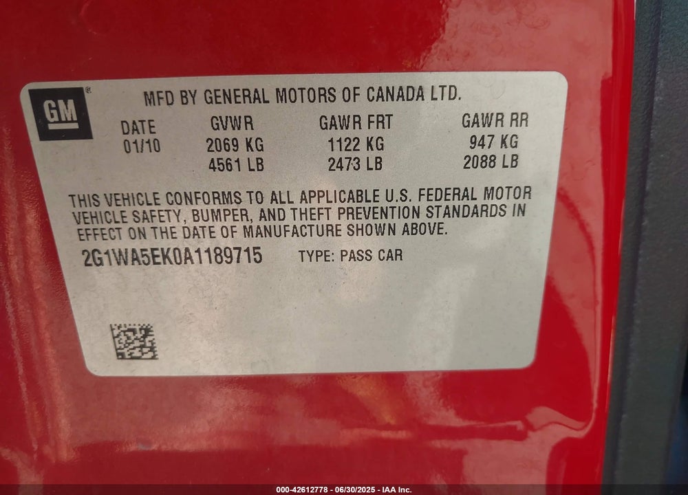 2010 CHEVROLET IMPALA VIN: 2G1WA5EK0A1189715