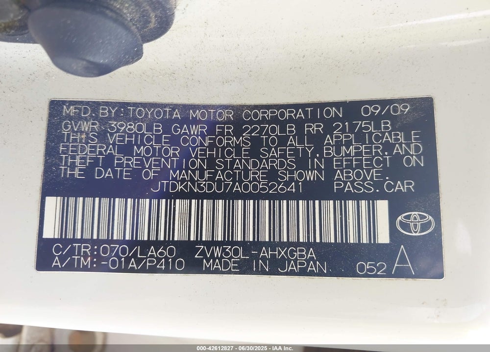 2010 TOYOTA PRIUS IV VIN: JTDKN3DU7A0052641