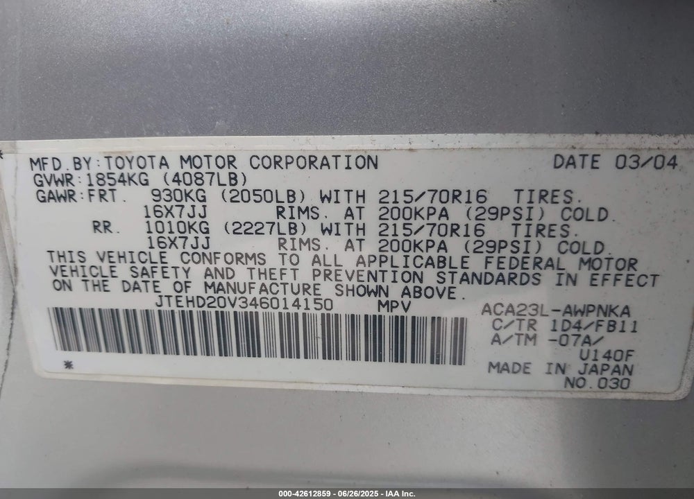 2004 TOYOTA RAV4 VIN: JTEHD20V346014150