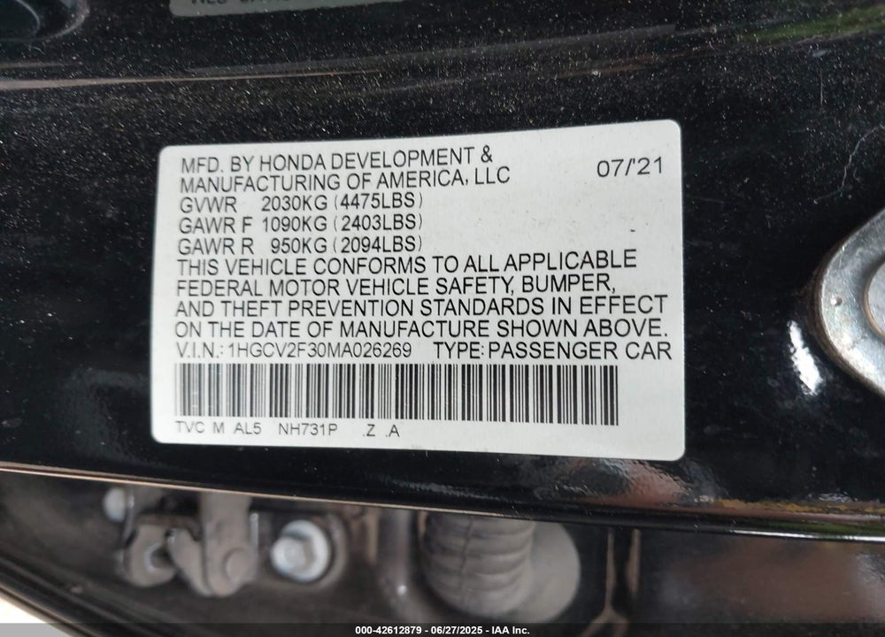 2021 HONDA ACCORD VIN: 1HGCV2F30MA026269