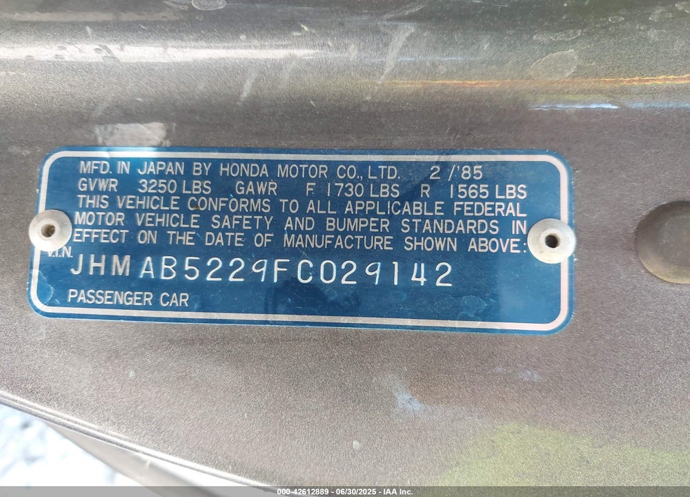 1985 HONDA PRELUDE 1800 VIN: JHMAB5229FC029142