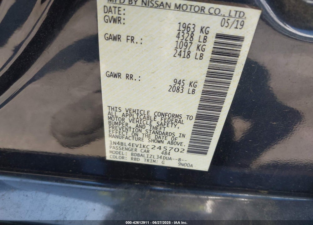 2019 NISSAN ALTIMA VIN: 1N4BL4EV1KC245702