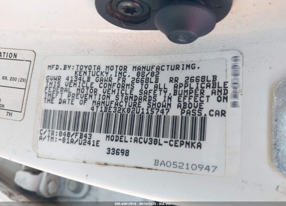 2002 TOYOTA CAMRY LE VIN: 4T1BE32K02U115747