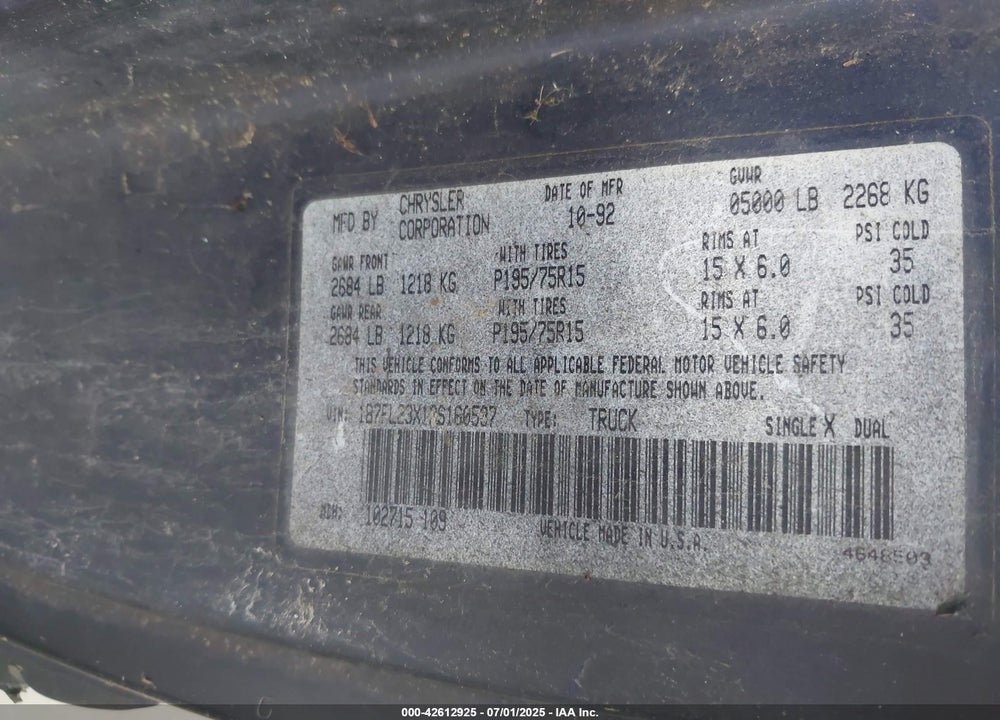1993 DODGE DAKOTA VIN: 1B7FL23X1PS160537